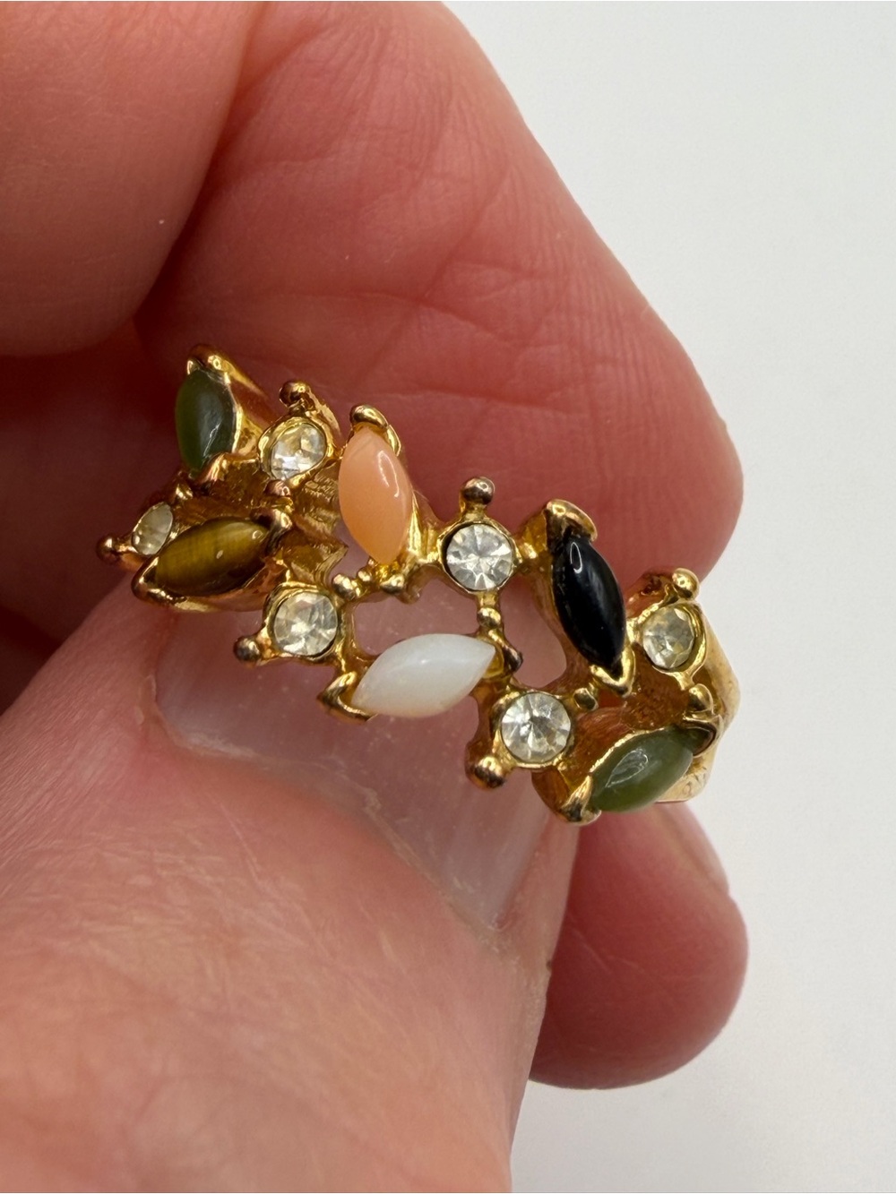 Ring Size 8  Gold Tone Pink Green Tiger Eye & Rhinestones Cluster Open Weave